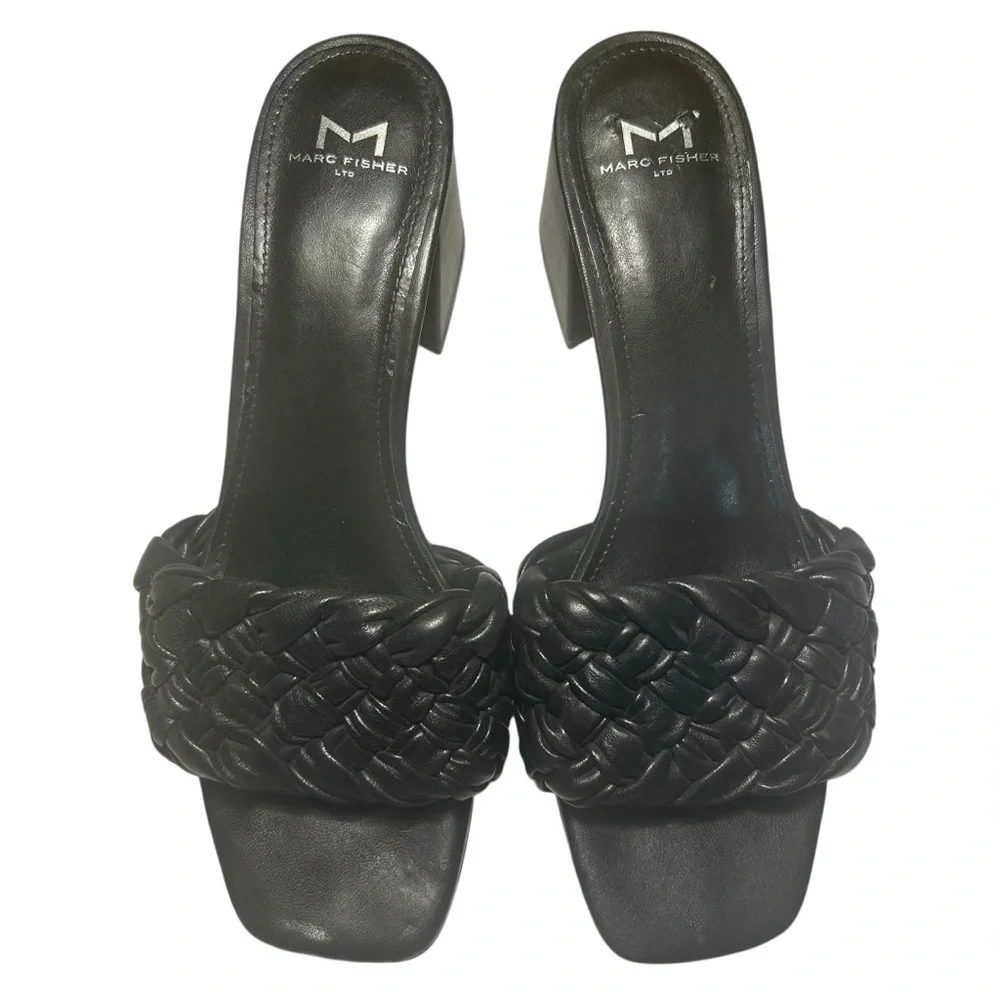 Marc Fisher Nahea Block Heel Black Leather Quilted Slides Sz 9